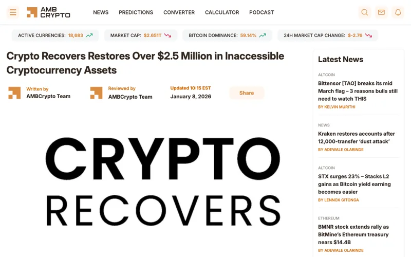 Screenshot of the Crypto Recovers coverage in AMB Crypto