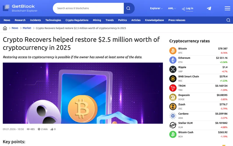 Screenshot of the Crypto Recovers coverage in GetBlock