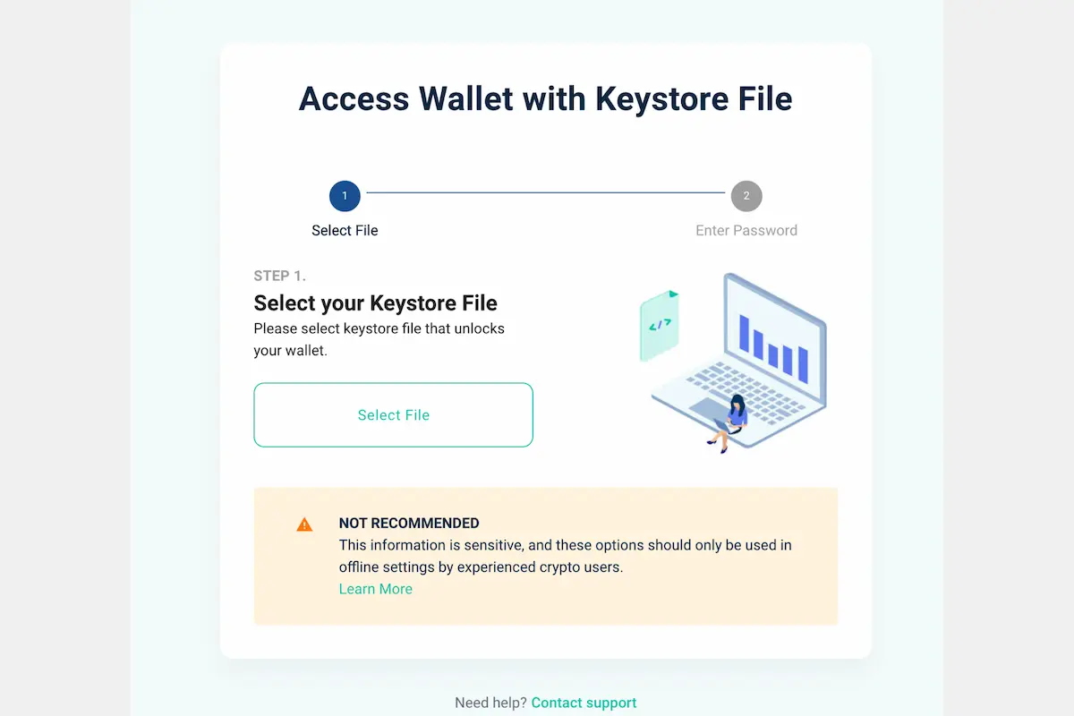 MyEtherWallet keystore selection screen with a Select File button and an offline-use warning.