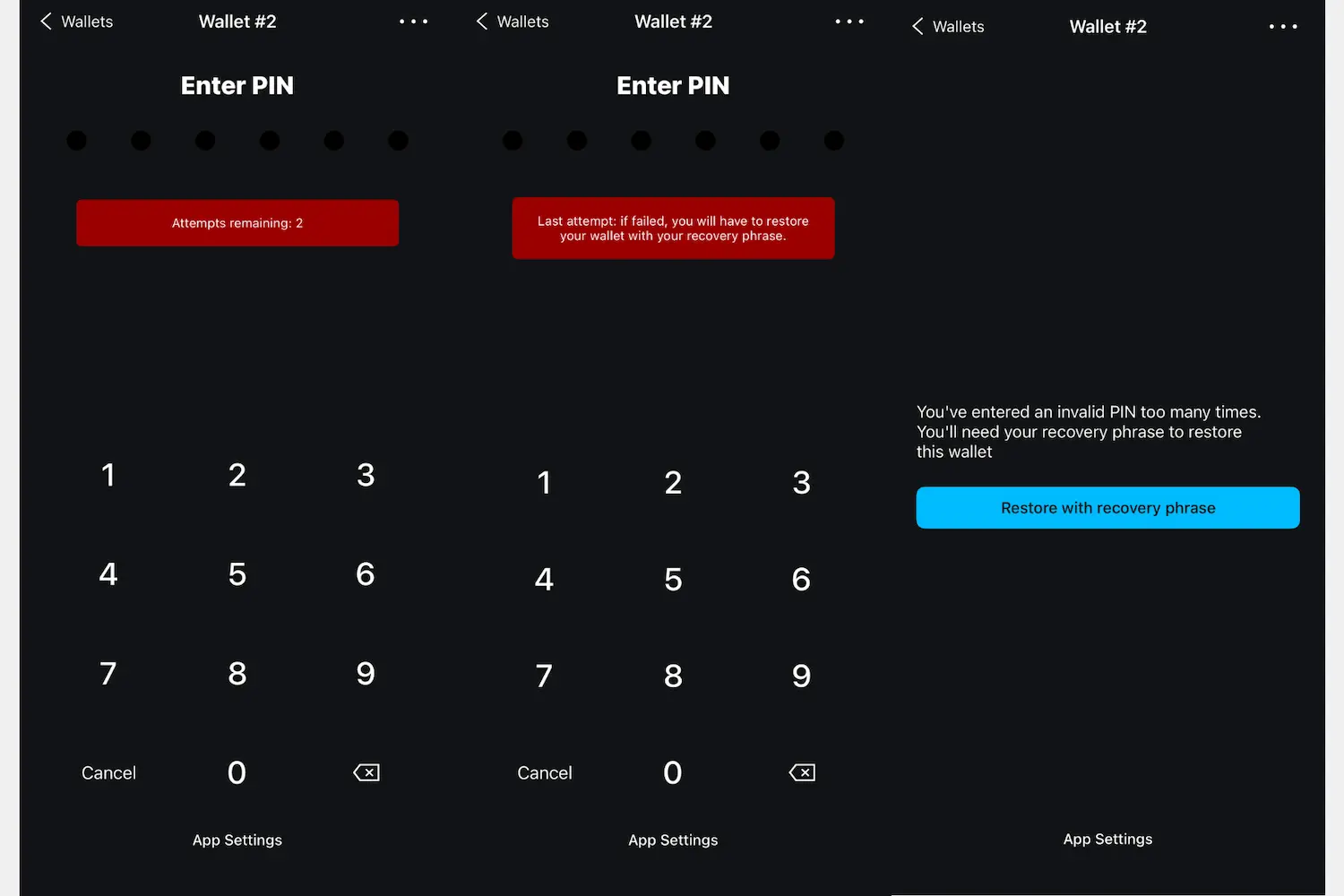 Three Blockstream Green screens showing remaining PIN attempts, the final warning and restoration with a recovery phrase