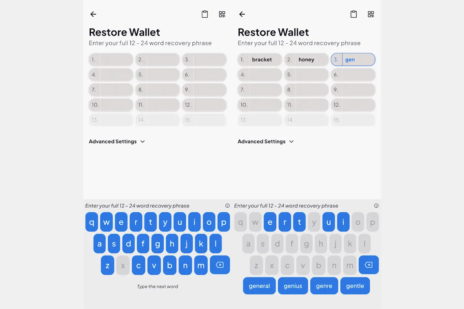 Coinomi Restore Wallet screen showing recovery-word entry and word suggestions