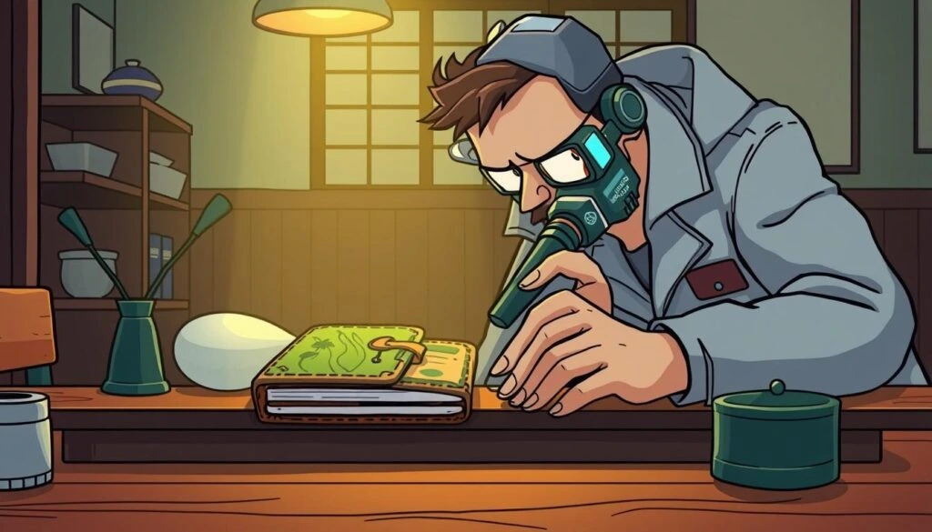Cartoon illustration of a person examining a green wallet with a magnifying glass.