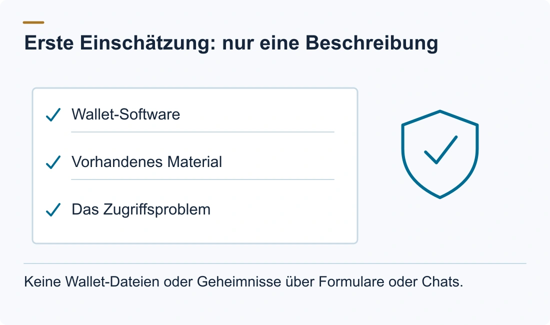 Erste Einschätzung: nur eine Beschreibung: Wallet Software; Vorhandenes Material; Das Zugriffsproblem. Keine Wallet Dateien oder Geheimnisse über Formulare oder Chats.