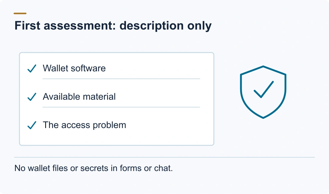 First assessment: description only: Wallet software; Available material; The access problem. No wallet files or secrets in forms or chat.