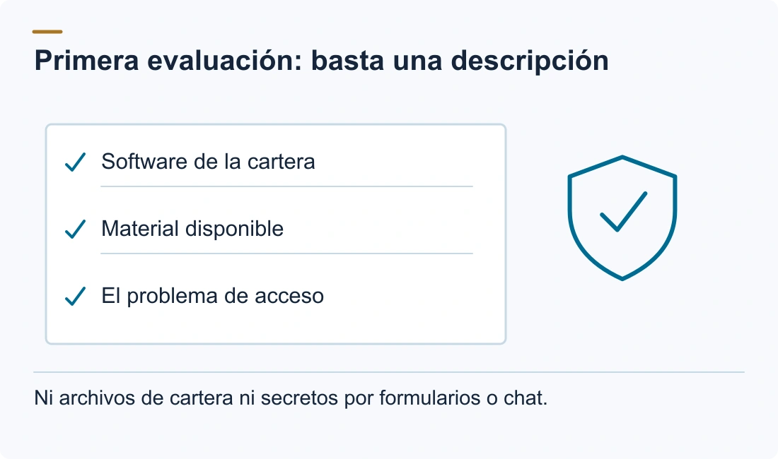 Primera evaluación: basta una descripción: Software de la cartera; Material disponible; El problema de acceso. Ni archivos de cartera ni secretos por formularios o chat.