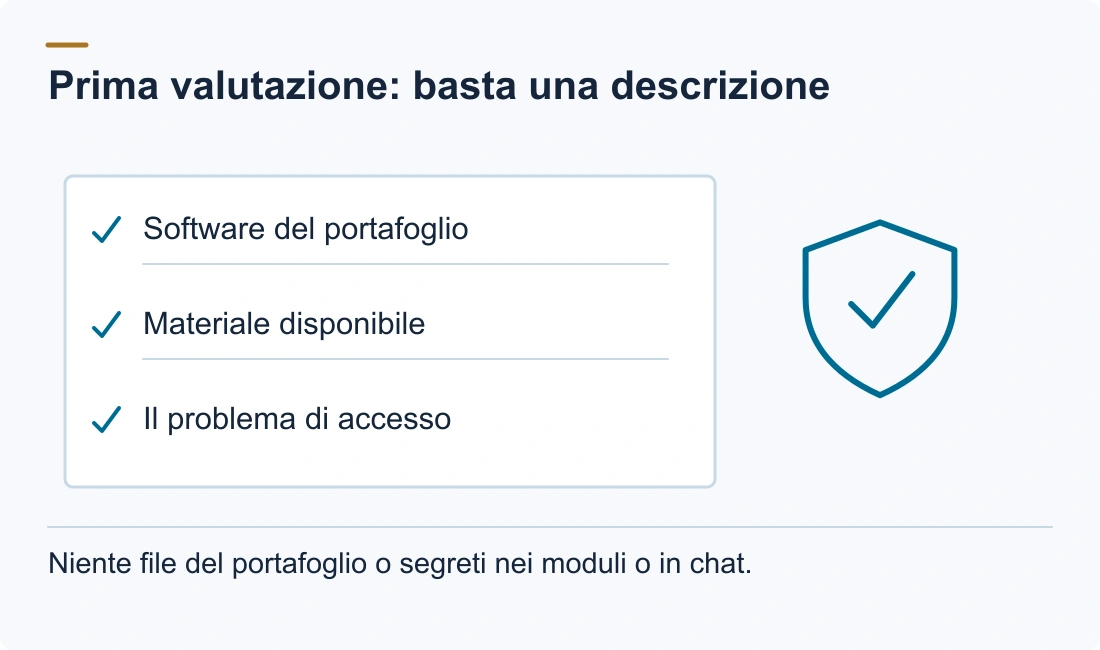 Prima valutazione: basta una descrizione: Software del portafoglio; Materiale disponibile; Il problema di accesso. Niente file del portafoglio o segreti nei moduli o in chat.