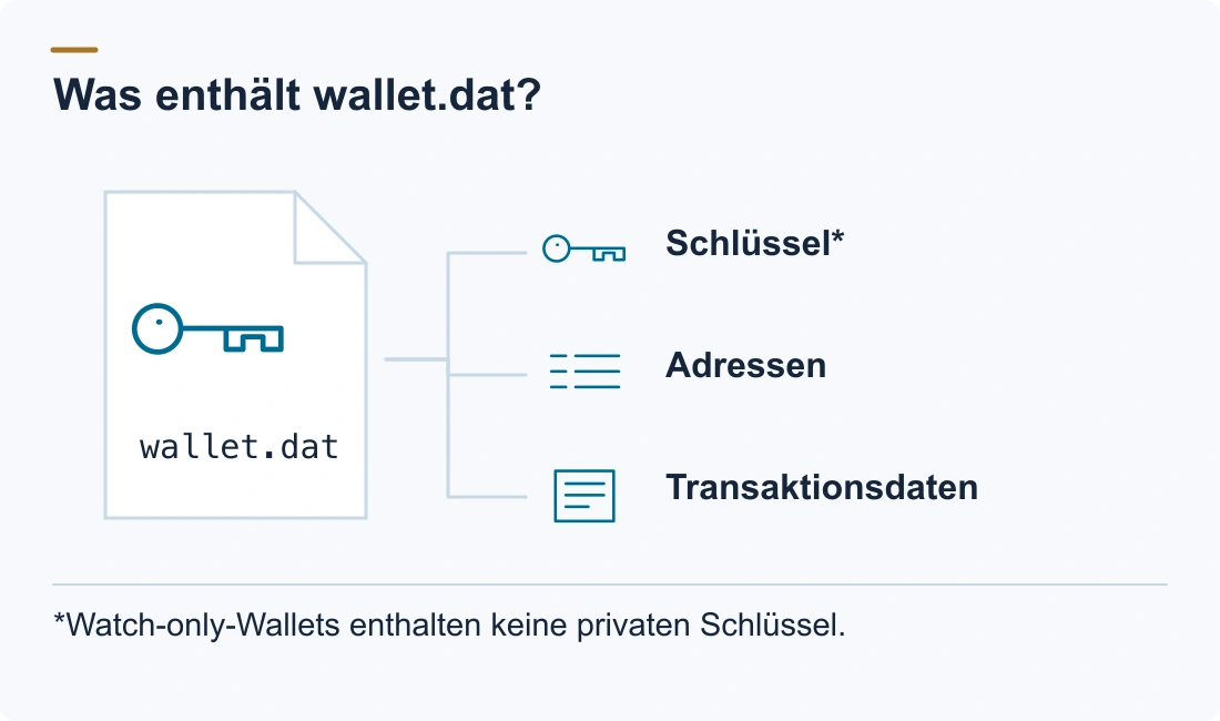 Was enthält wallet.dat?: Schlüssel*; Adressen; Transaktionsdaten. *Watch-only-Wallets enthalten keine privaten Schlüssel.