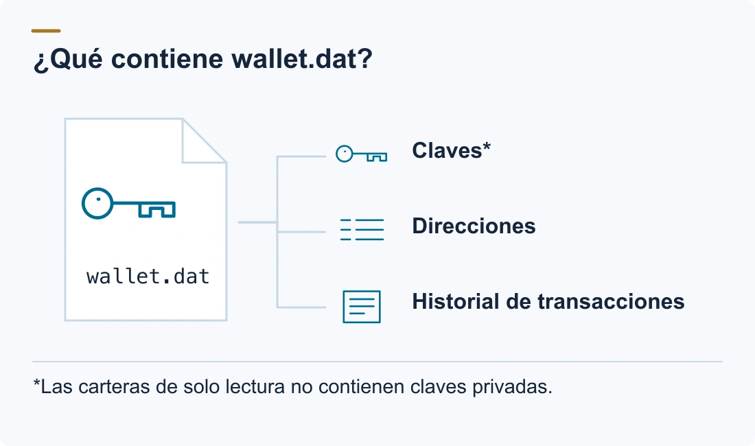 ¿Qué contiene wallet.dat?: Claves*; Direcciones; Historial de transacciones. *Las carteras de solo lectura no contienen claves privadas.