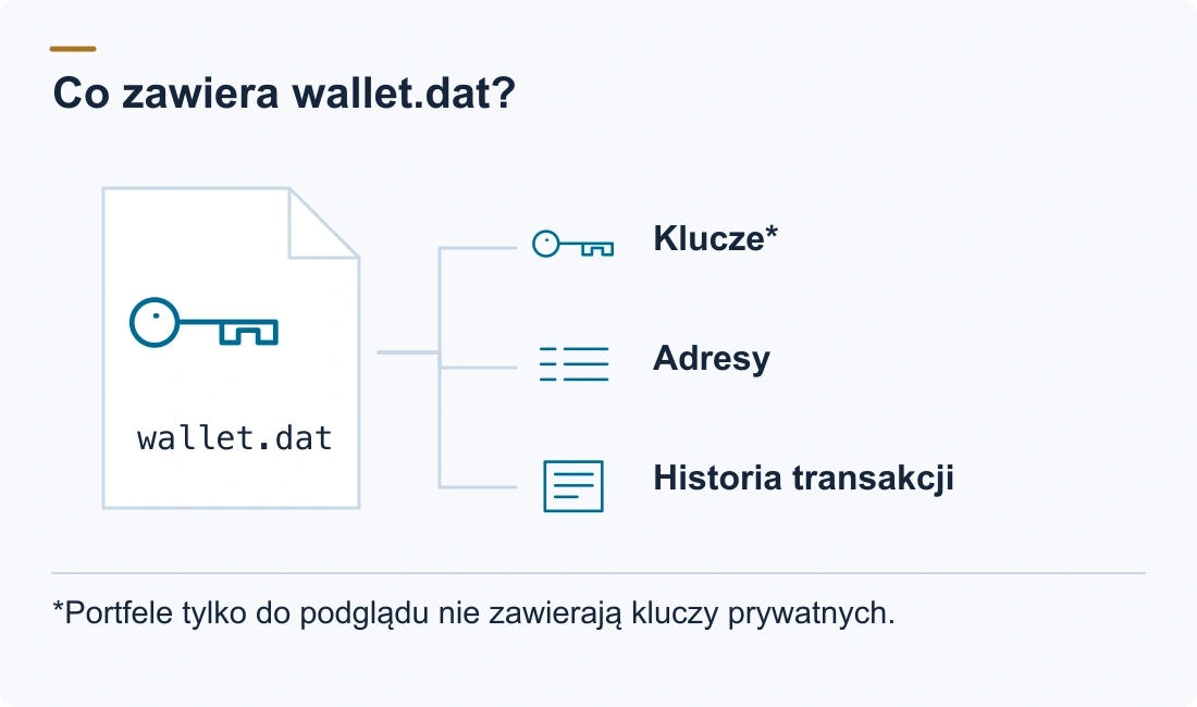 Co zawiera wallet.dat?: Klucze*; Adresy; Historia transakcji. *Portfele tylko do podglądu nie zawierają kluczy prywatnych.