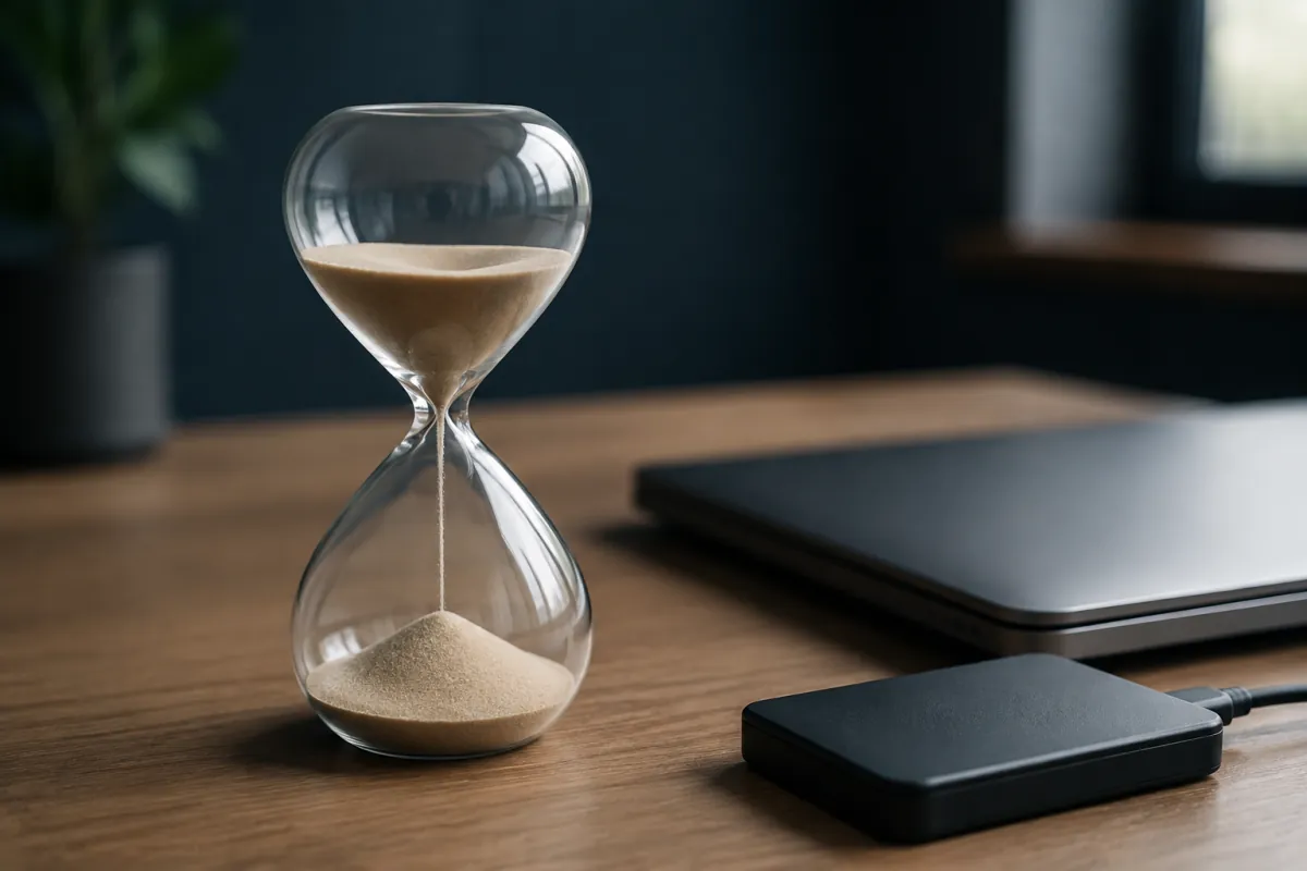 Reloj de arena de vidrio junto a un ordenador portátil cerrado y una unidad externa