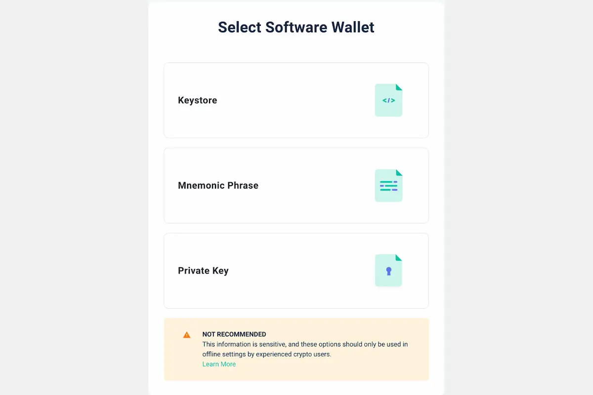 MyEtherWallet's Select Software Wallet screen showing three recovery options: Keystore, Mnemonic Phrase, and Private Key, with a 'Not Recommended' warning that these should only be used offline by experienced users